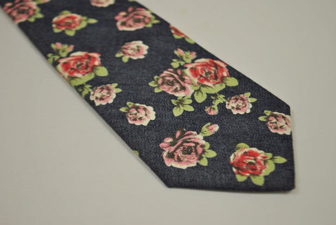navy blue and rose floral design 100% cotton tie